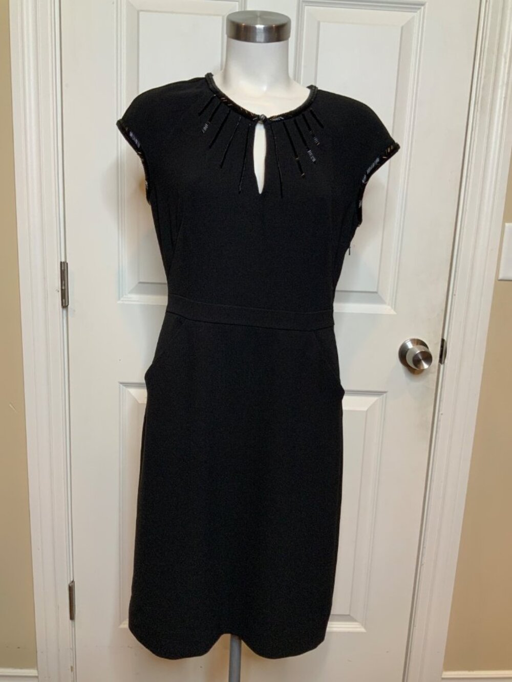 Tory Burch Black Crepe Sequin Pleated Keyhole Pencil Dress, Size 4